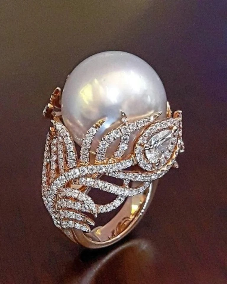 Feather Crystal Pearl Party Ring