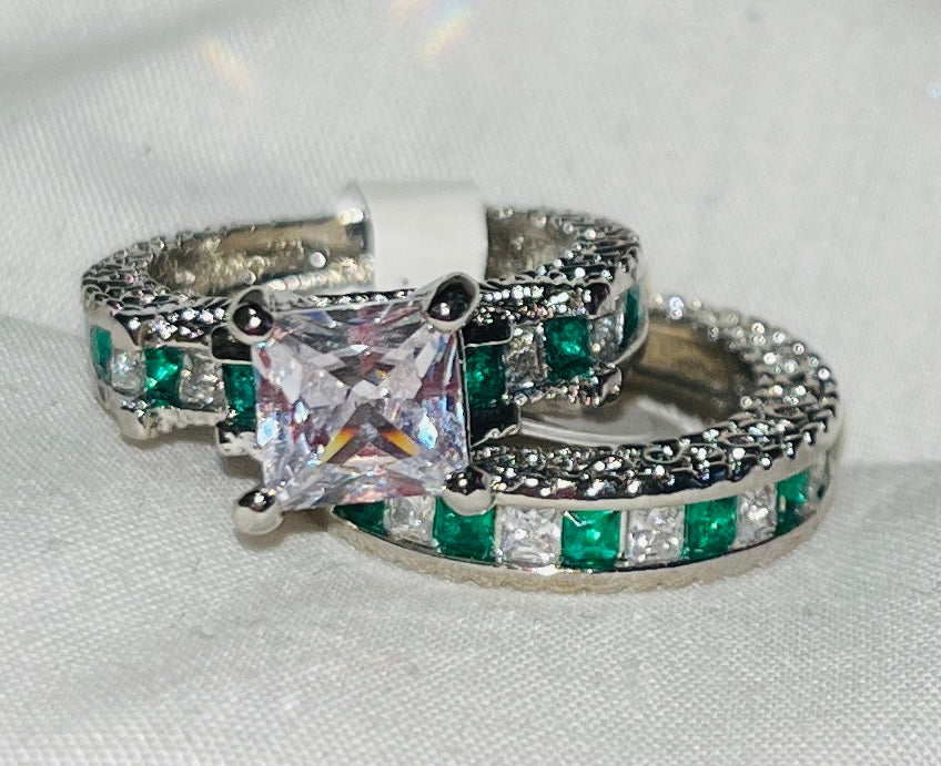 Green & White CZ Engagement/Wedding Band Set