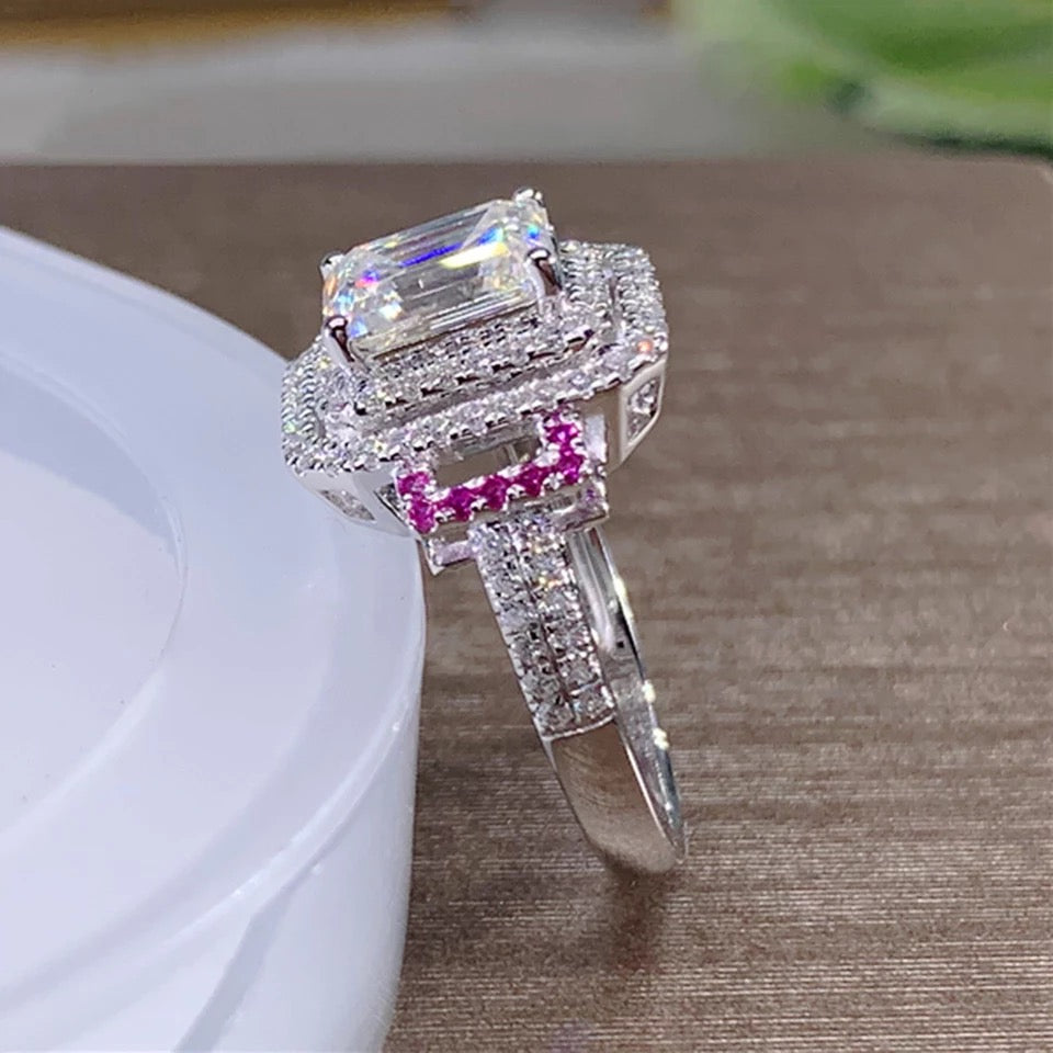 925 Silver White/Rose Red AAA Cubic Zirconia Engagement Ring