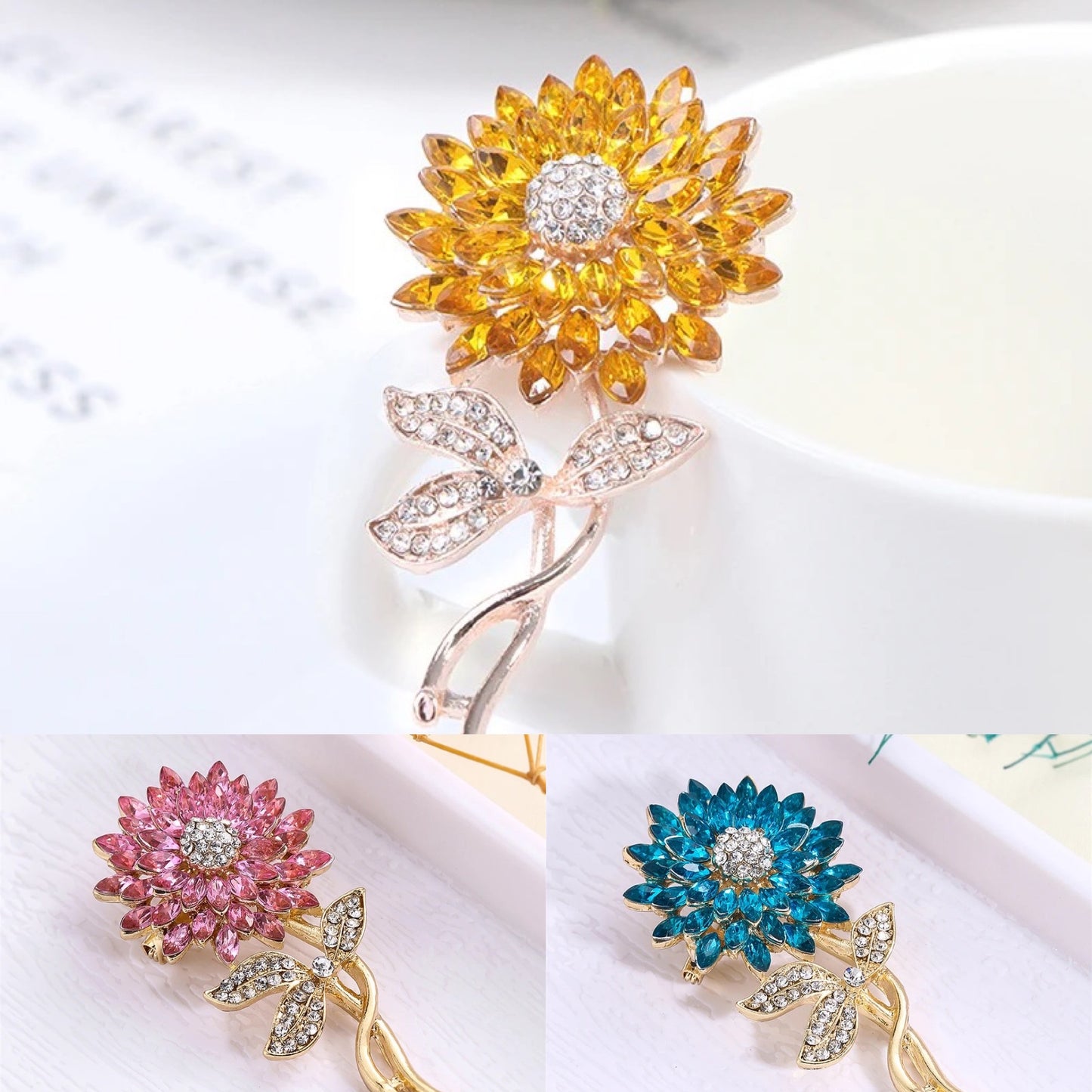 Rhinestone Pink Sunflower Brooch