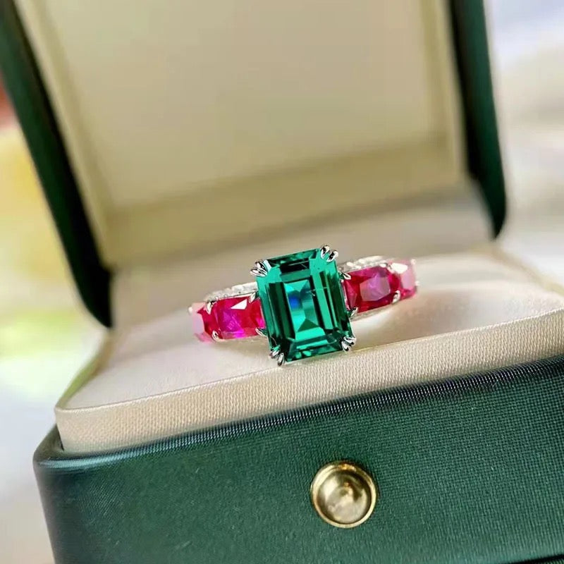 Princess Cut CZ 2-Tone Lab Emerald Luxury Ring