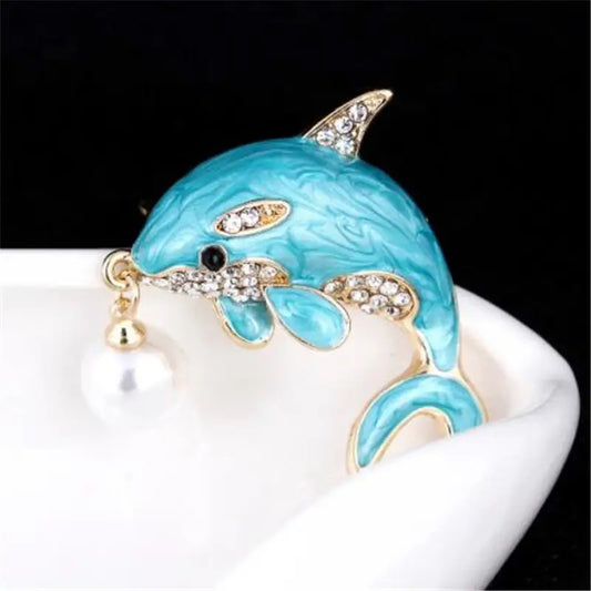 Blue Dolphin Brooch With Simulated Pearl