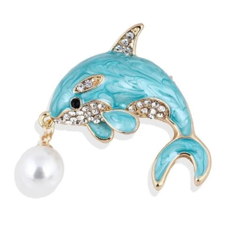 Blue Dolphin Brooch With Simulated Pearl