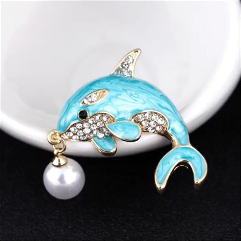 Blue Dolphin Brooch With Simulated Pearl