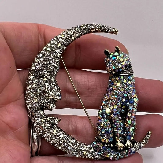 Vintage Rhinestone Crescent Cat Brooch