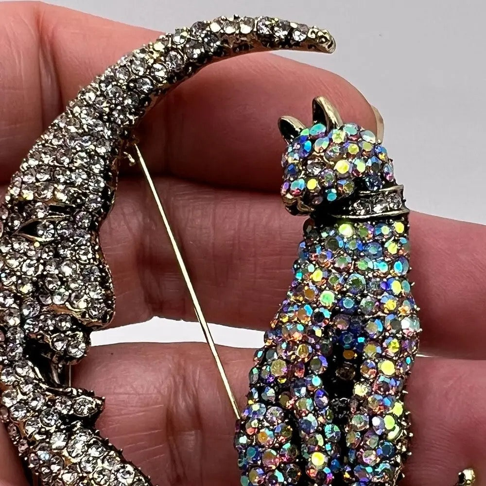 Vintage Rhinestone Crescent Cat Brooch