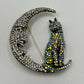 Vintage Rhinestone Crescent Cat Brooch