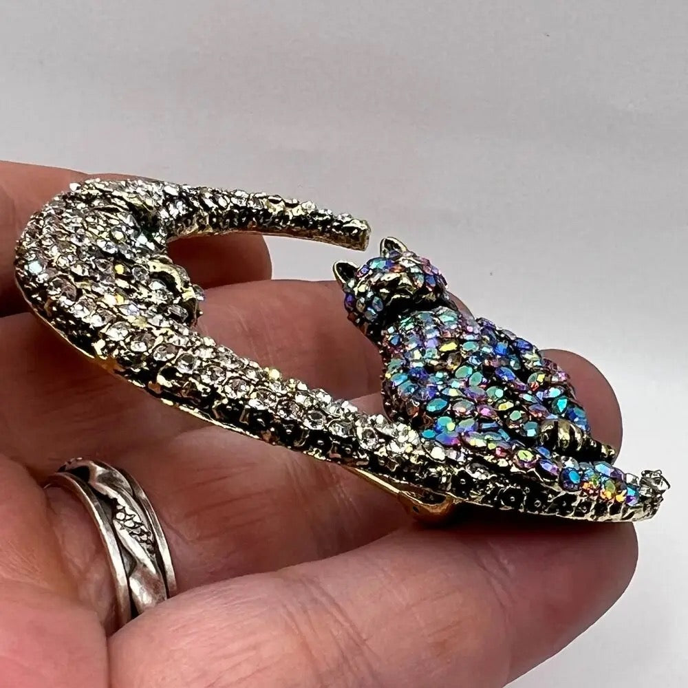 Vintage Rhinestone Crescent Cat Brooch