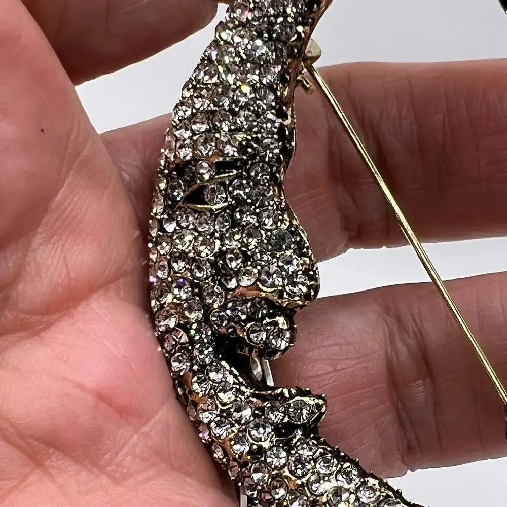 Vintage Rhinestone Crescent Cat Brooch