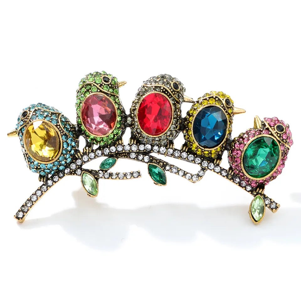 “5 Birds On A Branch” Rhinestone Brooch