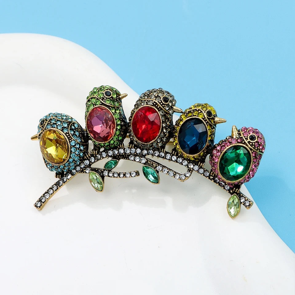 “5 Birds On A Branch” Rhinestone Brooch