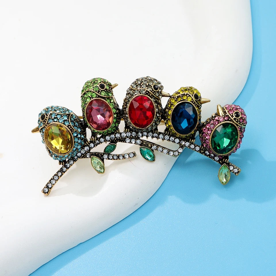 “5 Birds On A Branch” Rhinestone Brooch