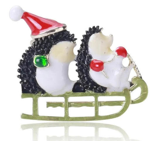 Sledding Hedgehog Christmas Brooch