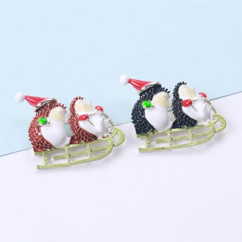 Sledding Hedgehog Christmas Brooch