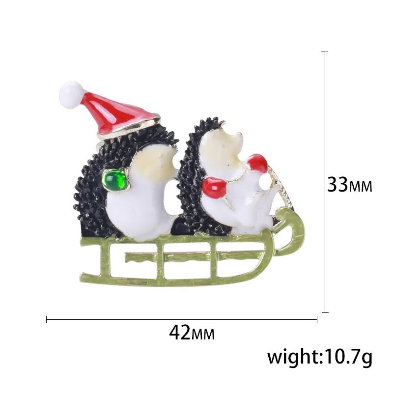 Sledding Hedgehog Christmas Brooch