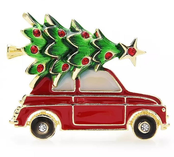 Red Car With Tree Christmas Brooch