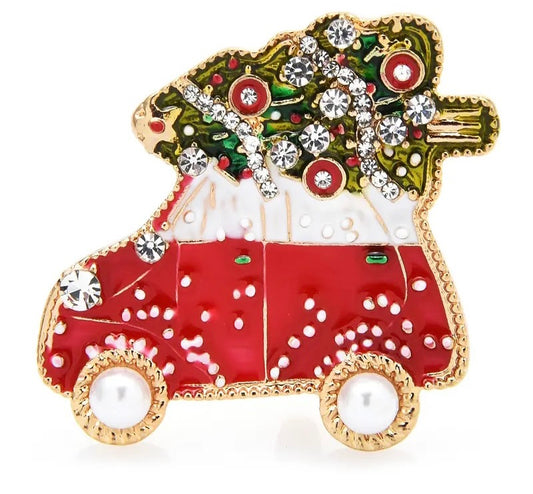 Sparkly Red Van with Christmas Tree Brooch