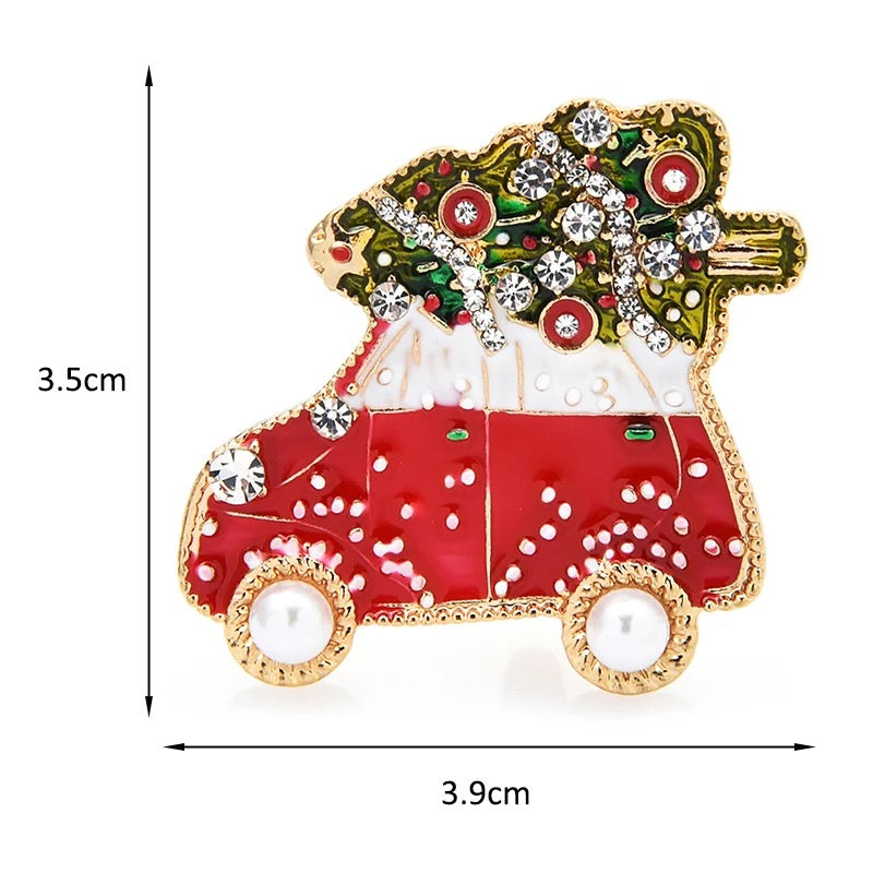 Sparkly Red Van with Christmas Tree Brooch