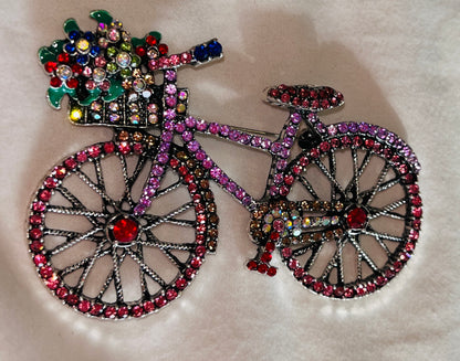 Flower Basket Rhinestone Bicycle Brooch