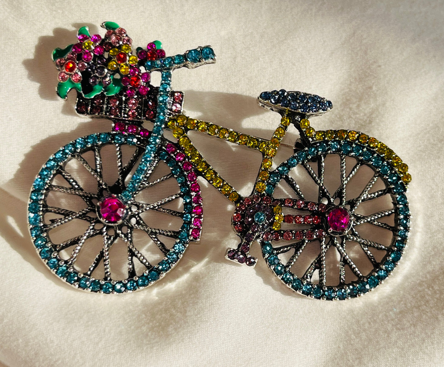 Flower Basket Rhinestone Bicycle Brooch