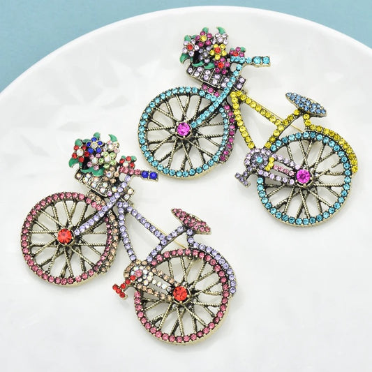 Flower Basket Rhinestone Bicycle Brooch