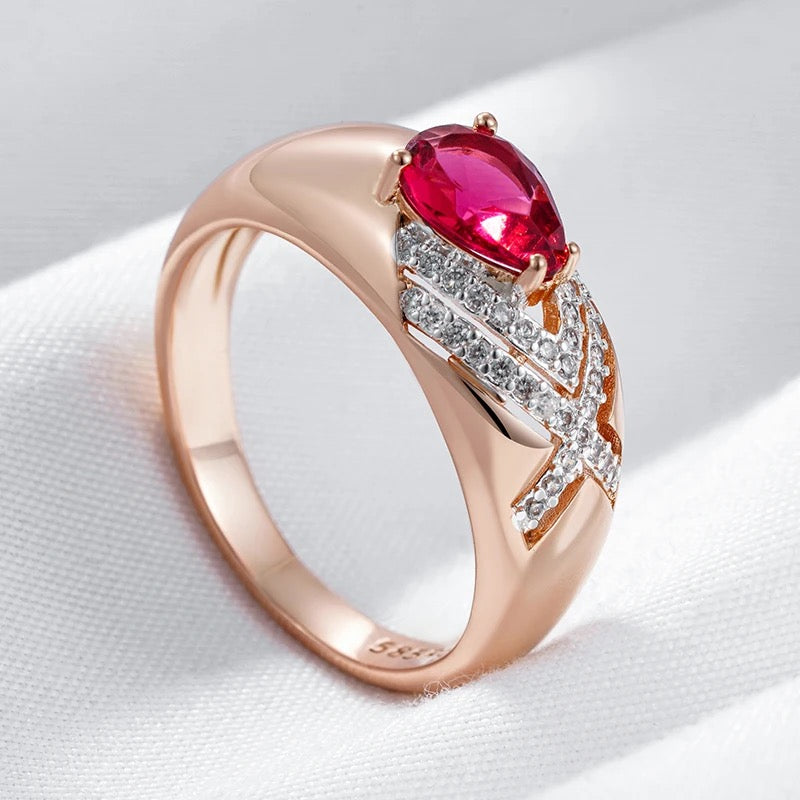 Natural Red Zircon Rhinestone Crossover Ring