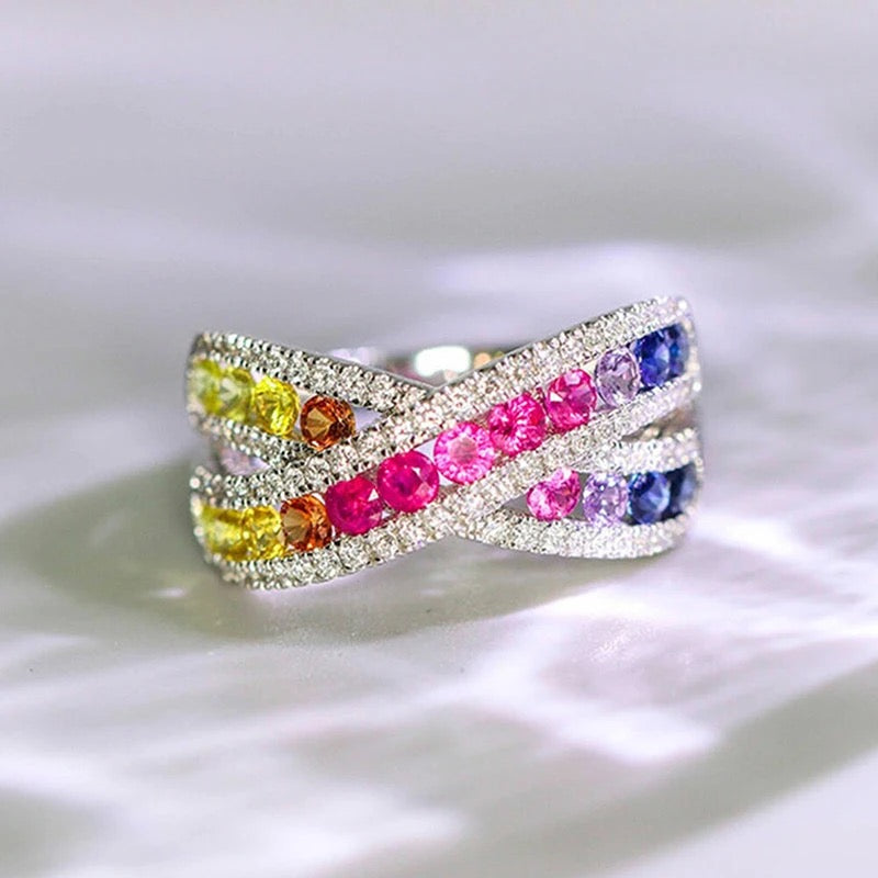 Rainbow Rhinestone Criss-Cross Ring