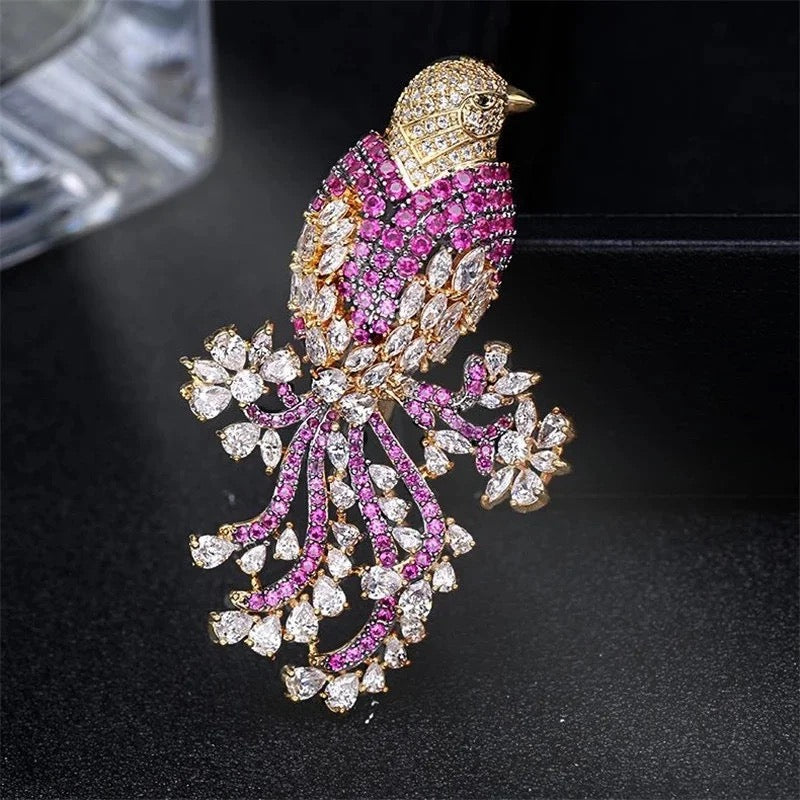 Fanciful Pink Bird Rhinestone Brooch