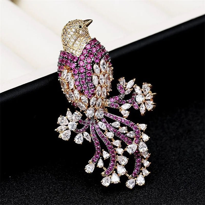 Fanciful Pink Bird Rhinestone Brooch