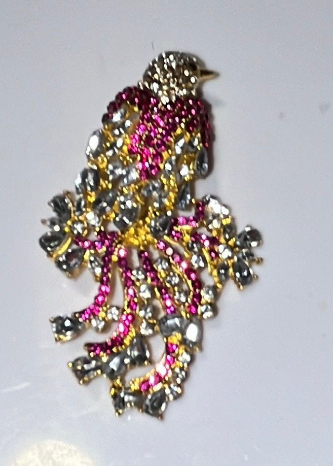 Fanciful Pink Bird Rhinestone Brooch