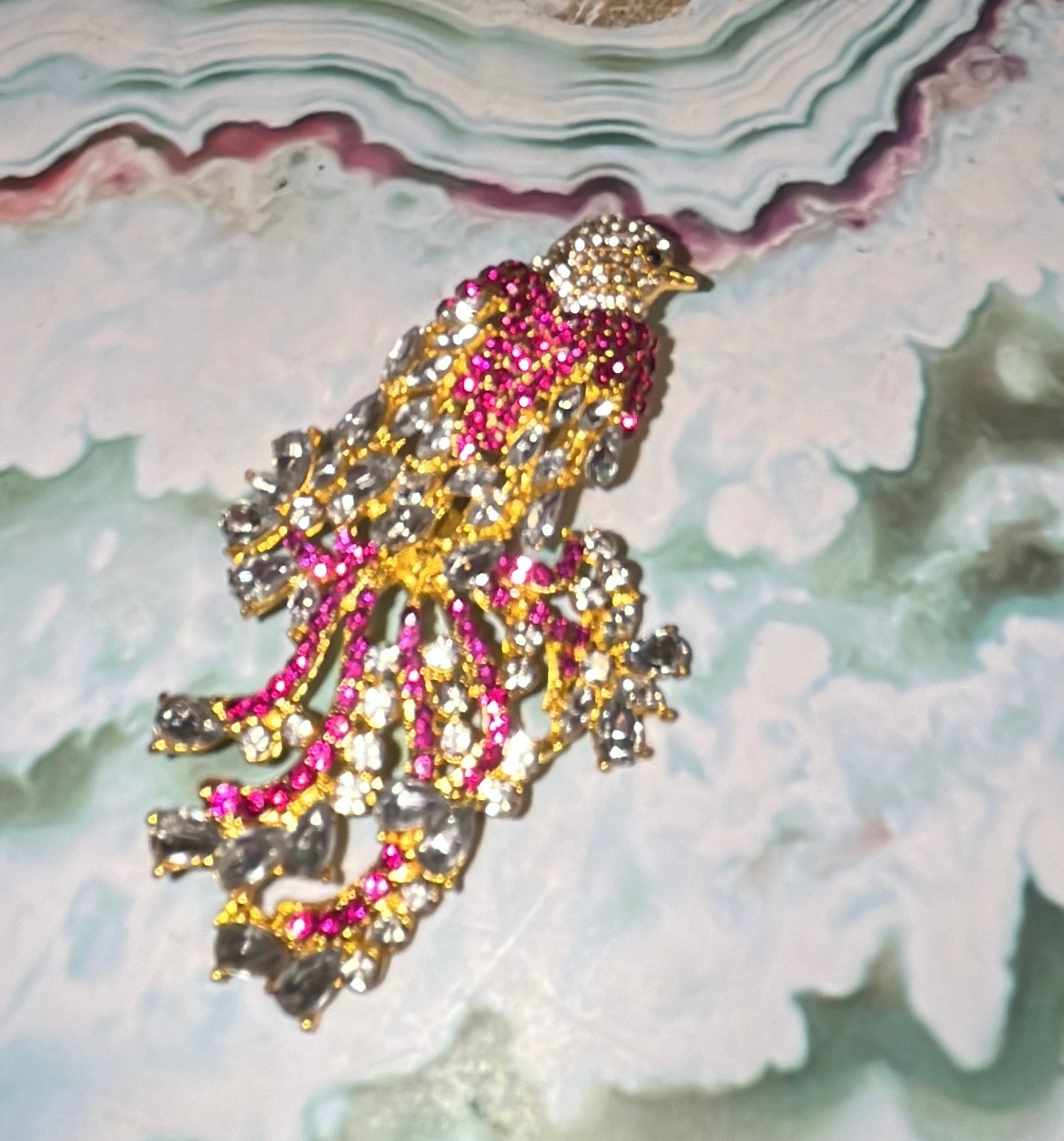 Fanciful Pink Bird Rhinestone Brooch