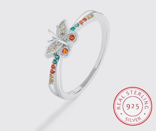 925 Silver Creative Butterfly Rainbow Ring