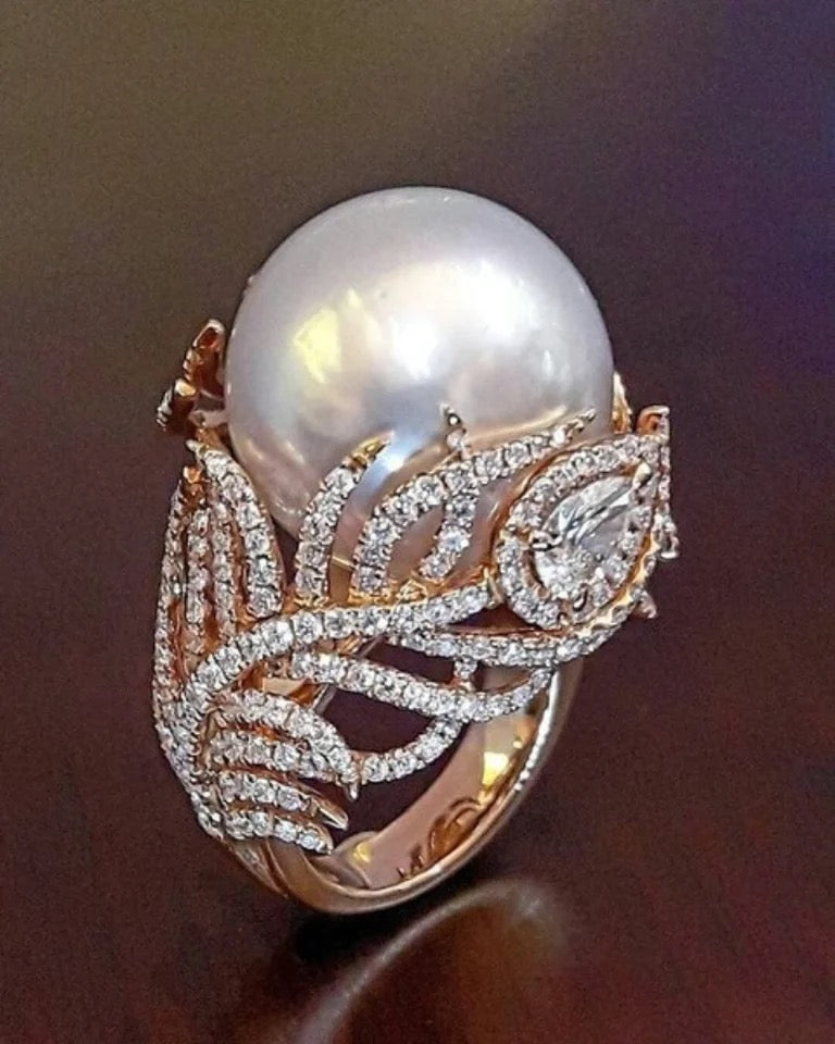 Feather Crystal Pearl Party Ring