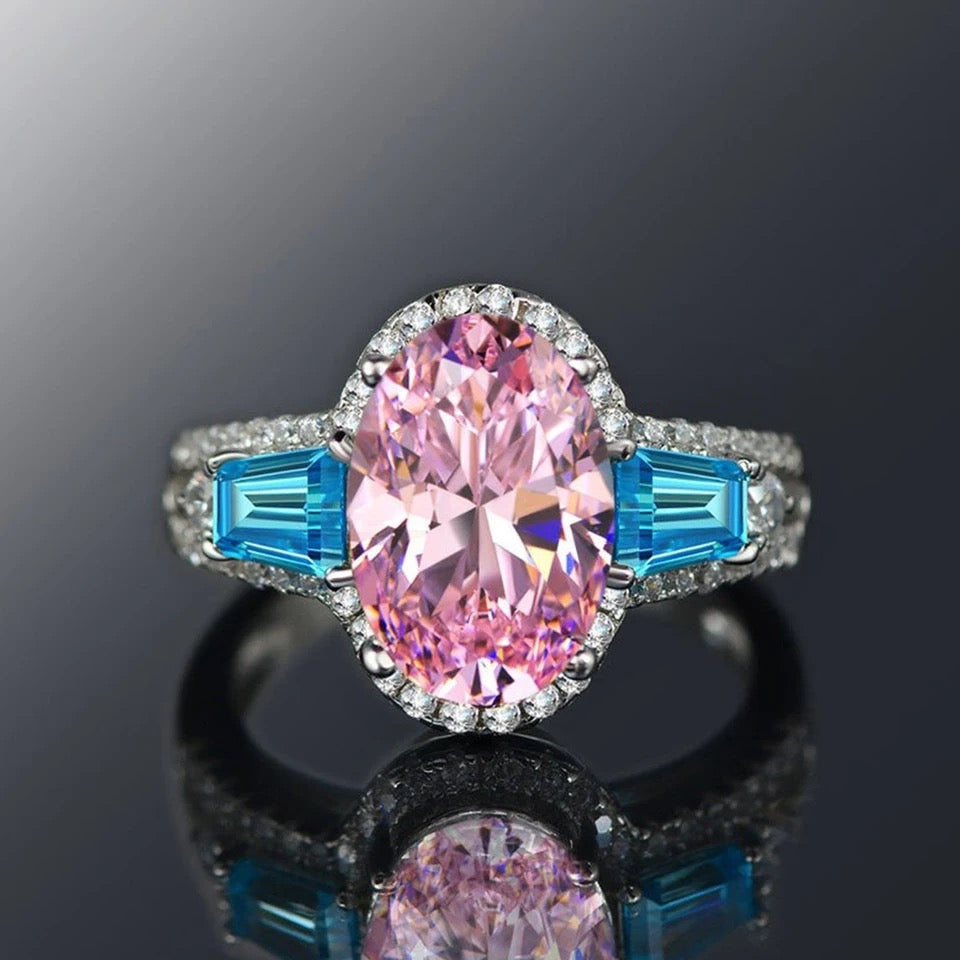 Colourful Pink Blue Yellow Oval CZ Ring