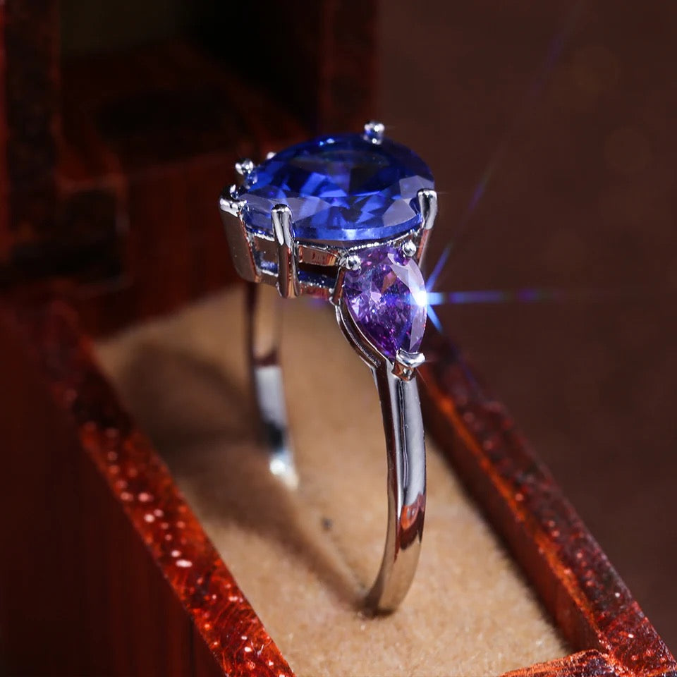 Blue & Purple Water-Drop CZ Ring