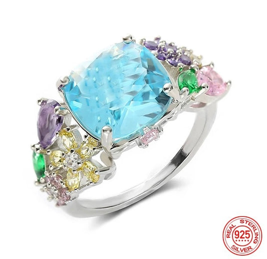 925 Silver Blue Crystal Garden Party Ring