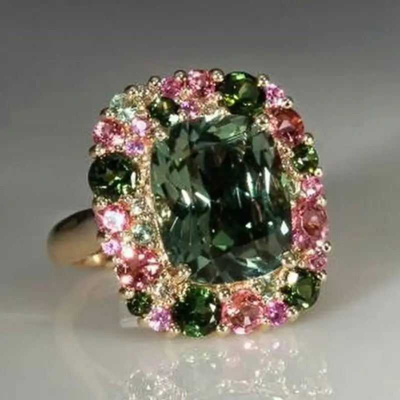 Vintage Sage Green Fuchsia Crystal Ring