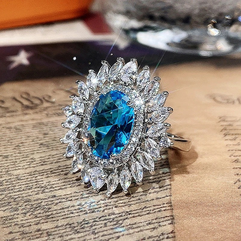 Blue Starburst White Cubic Zirconia Ring