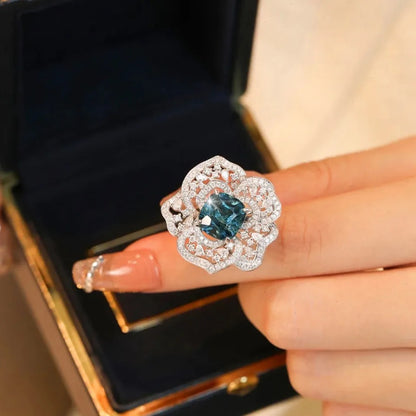 Luxury Floral Blue CZ Engagement Ring