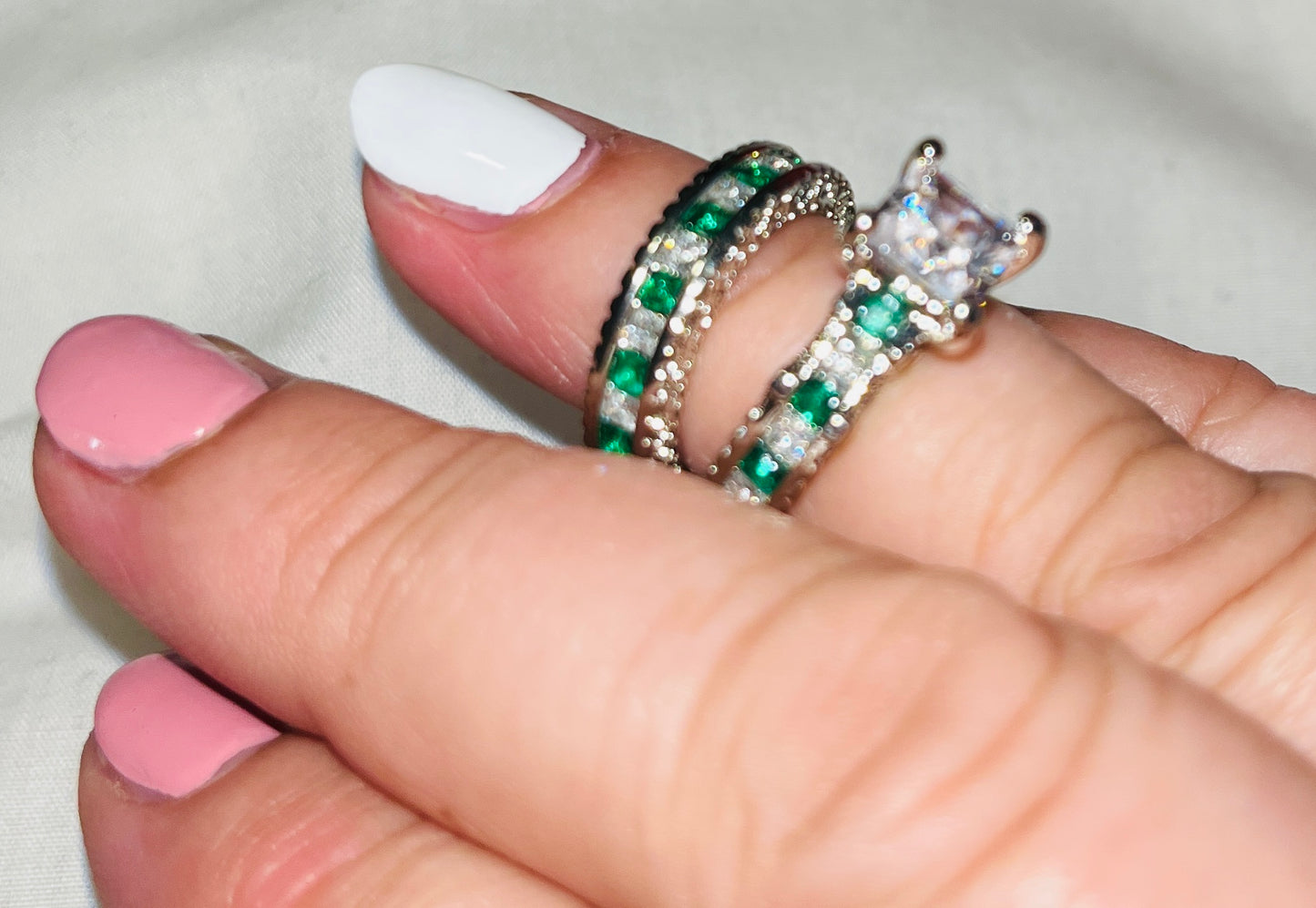 Green & White CZ Engagement/Wedding Band Set