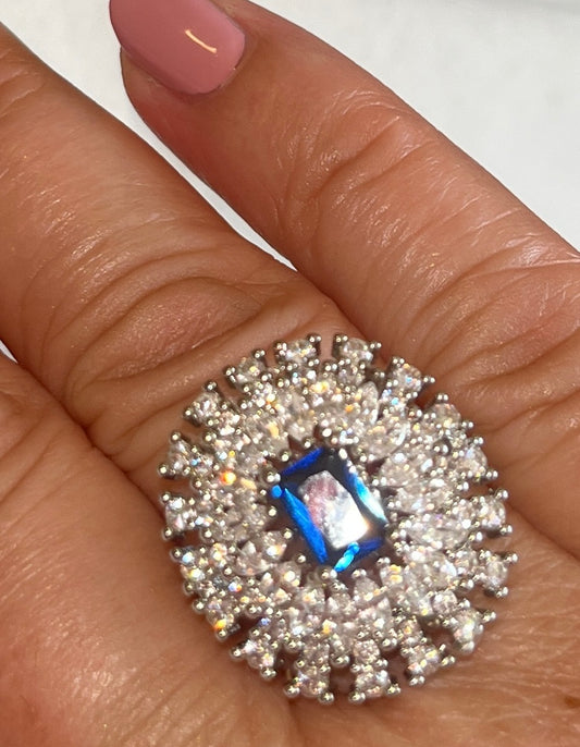 Sapphire Blue With White Marquis CZ Ring