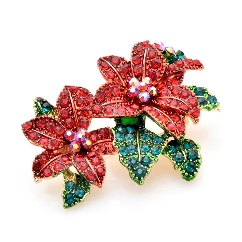 Red Rhinestone Poinsettias Brooch