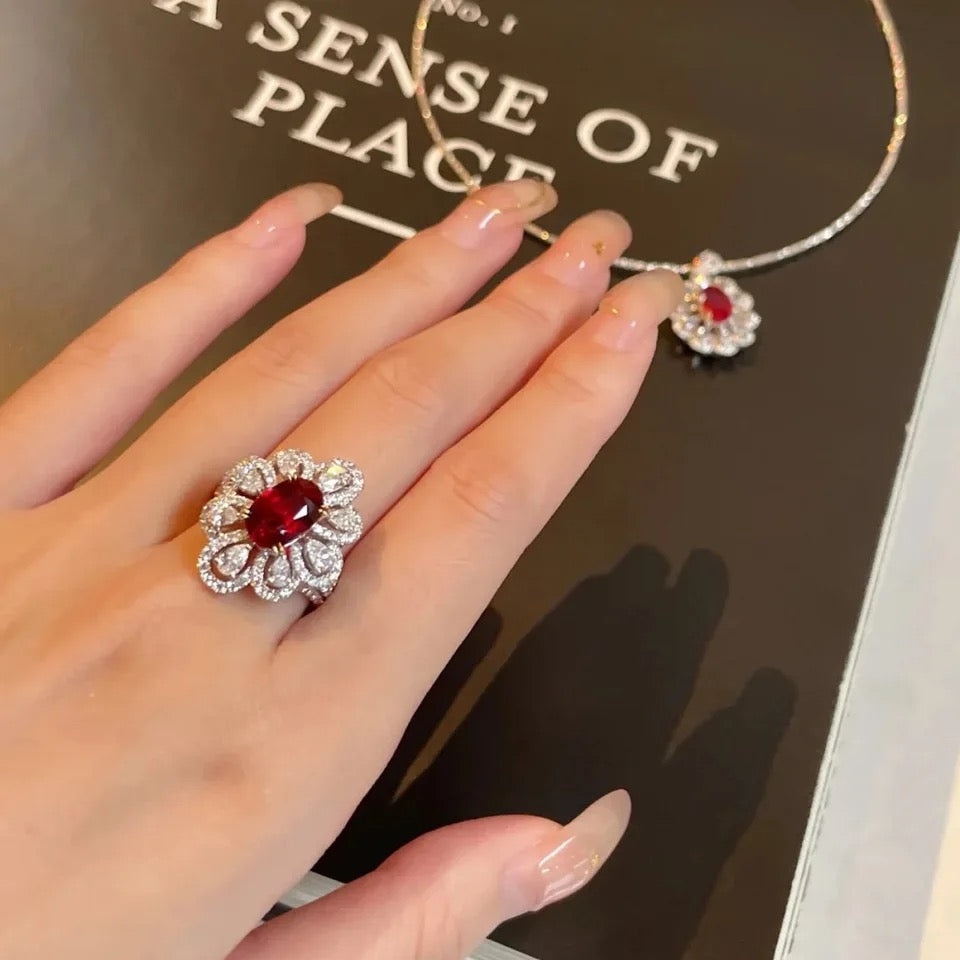 Bright Floral Red White AAA Zircon Ring