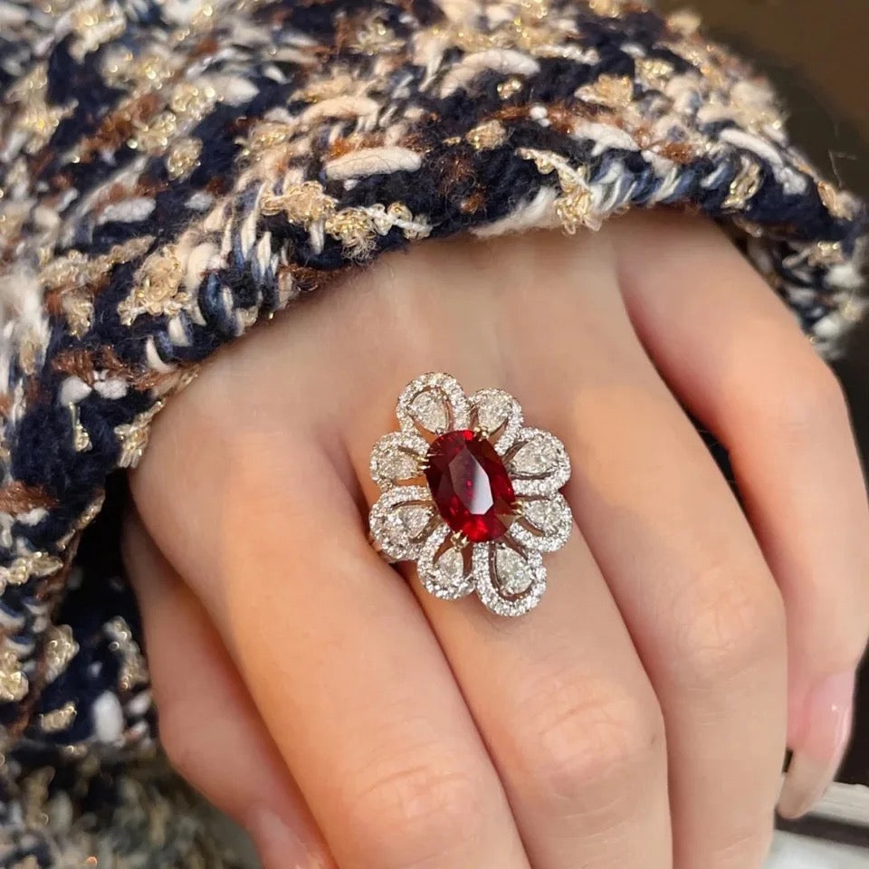 Bright Floral Red White AAA Zircon Ring