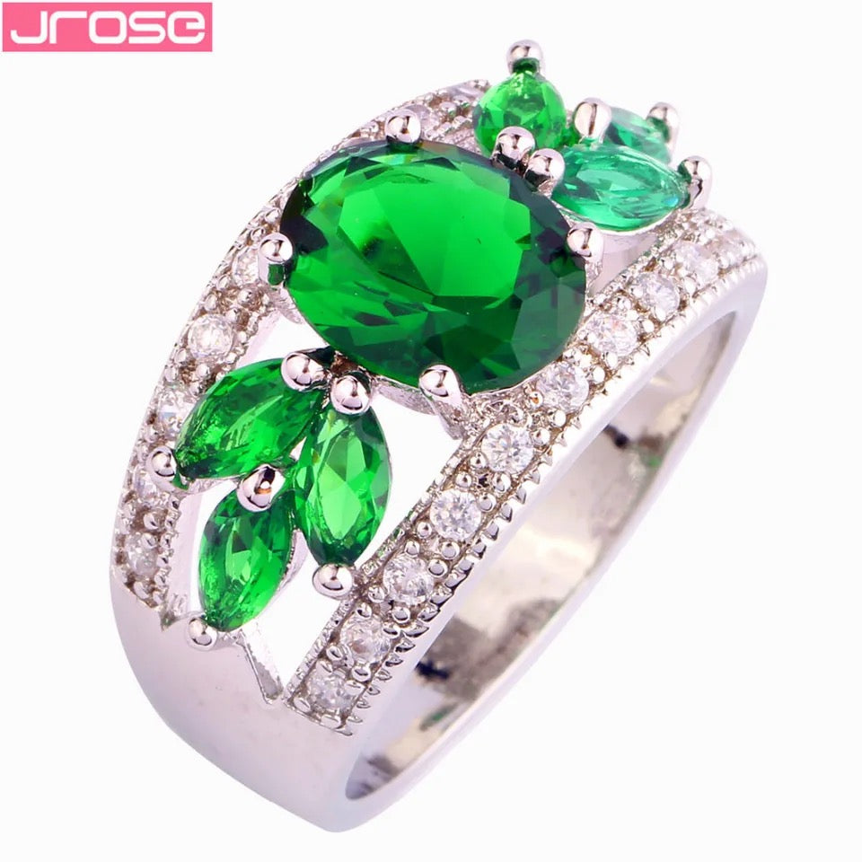 Charming Green & White CZ Silver Ring