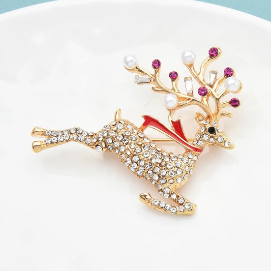 Christmas Crystal Pearl Reindeer Brooch