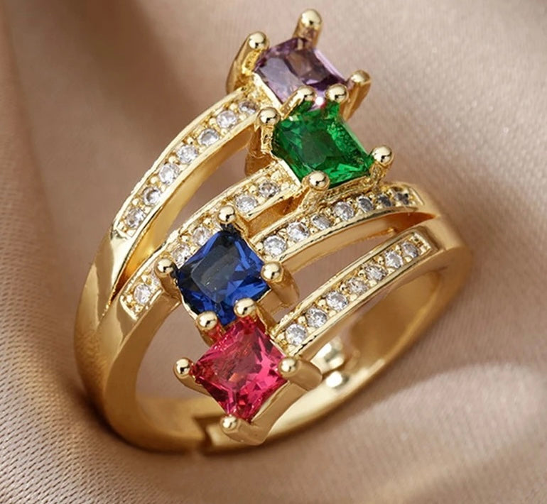 Rainbow Square Zircon Multi-Layer Ring