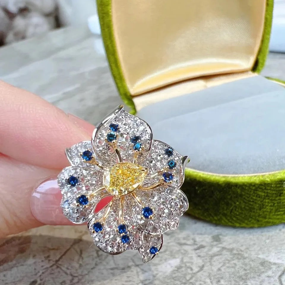 Luxury Yellow Blue White AAA Zircon Flower Ring