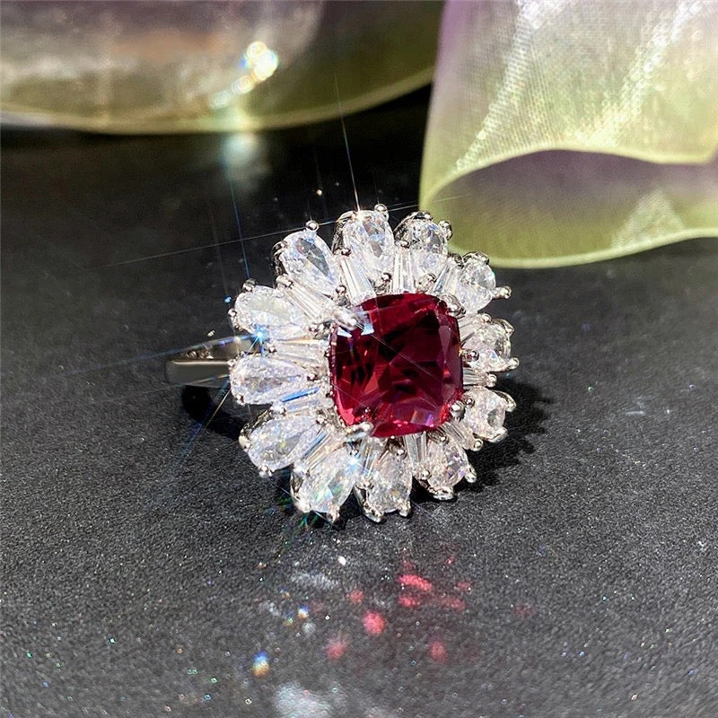 Flower Shaped Red Cubic Zirconia Ring