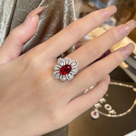 Bright Floral Red White AAA Zircon Ring